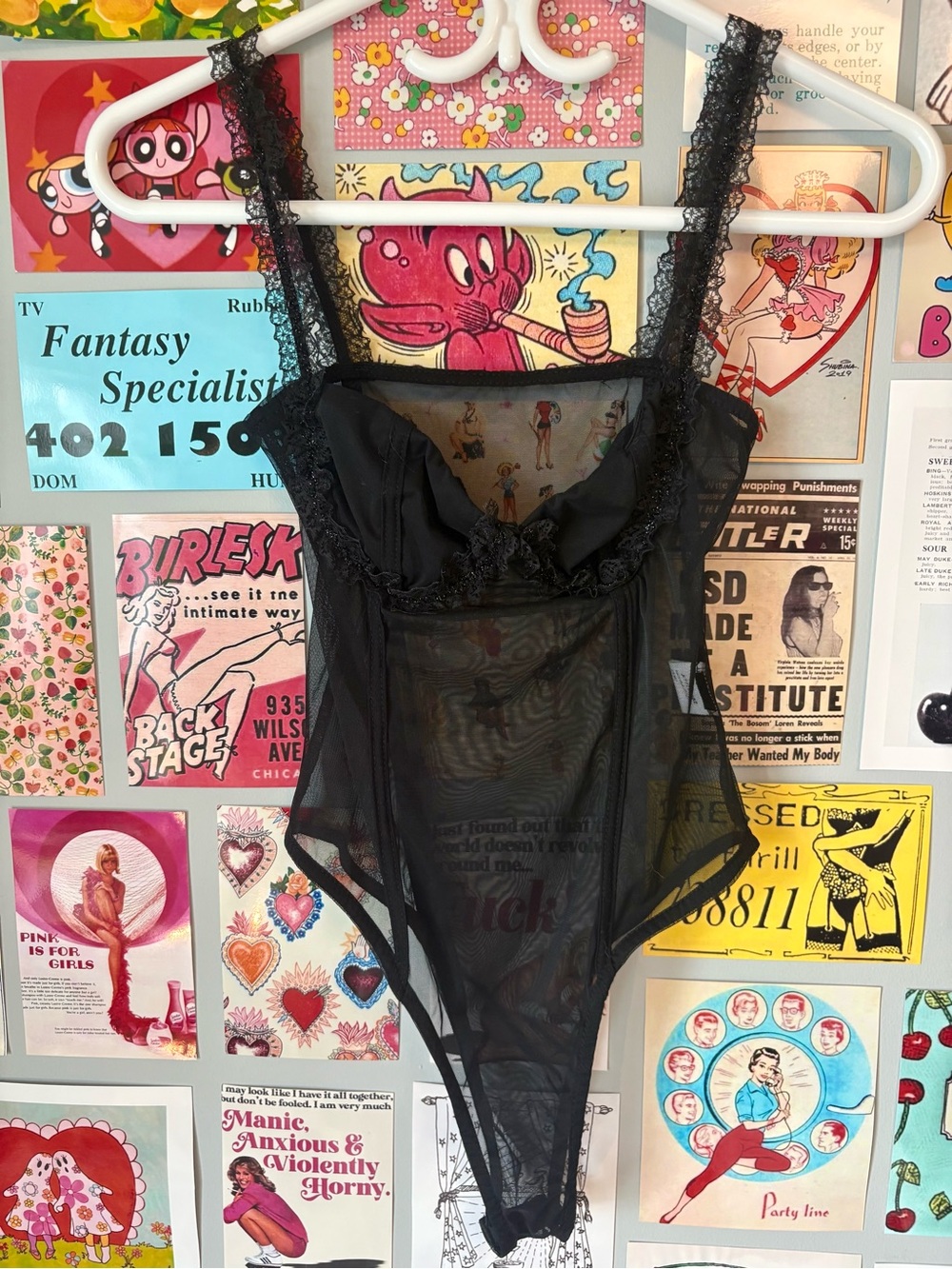 Sheer Black Lace-Trim Bodysuit, Sparkly Bra Top/Lingerie